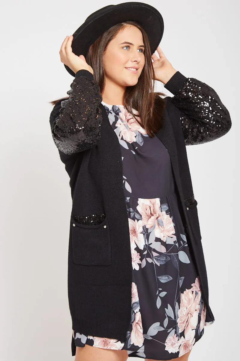Shine On Black Knit Cardigan with Sequin Sleeve sold by St Frock product image thumbnail 2