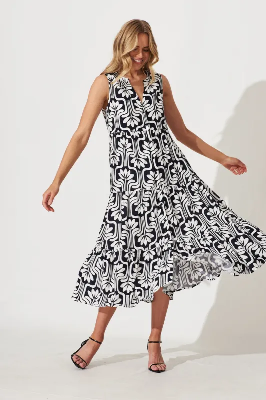 Clover Midi Smock Dress In Black With White Print sold by St Frock
