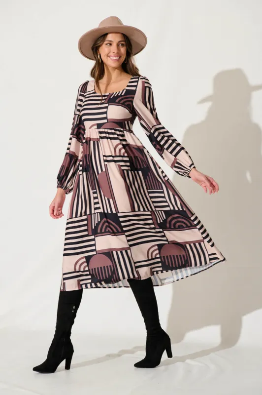 Anna Midi Dress In Beige With Black Geometric Linen Blend sold by St Frock