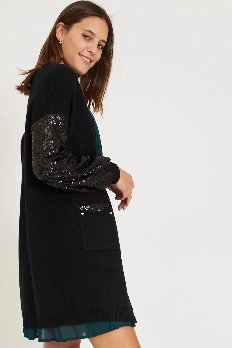 Shine On Black Knit Cardigan with Sequin Sleeve sold by St Frock