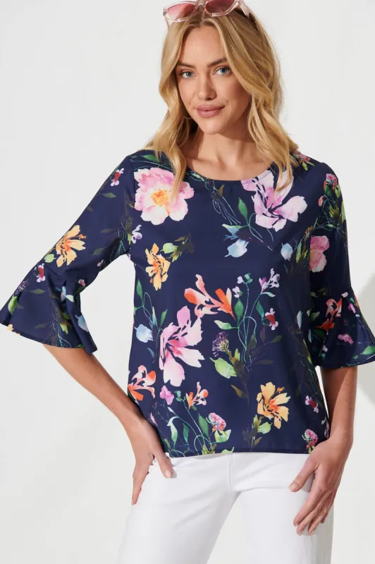 Tai Top In Navy With Multi Floral Print sold by St Frock
