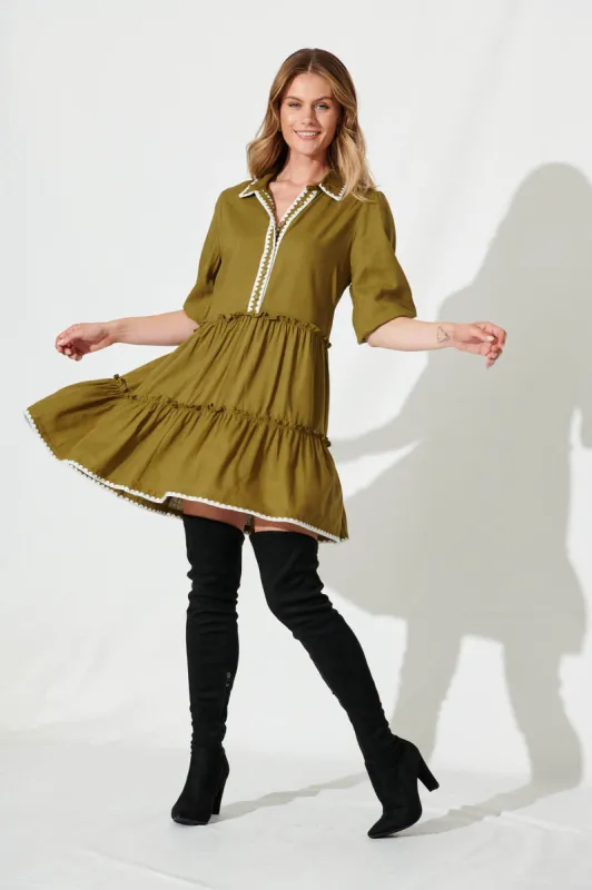 Gwen Smock Dress In Olive Linen Blend sold by St Frock