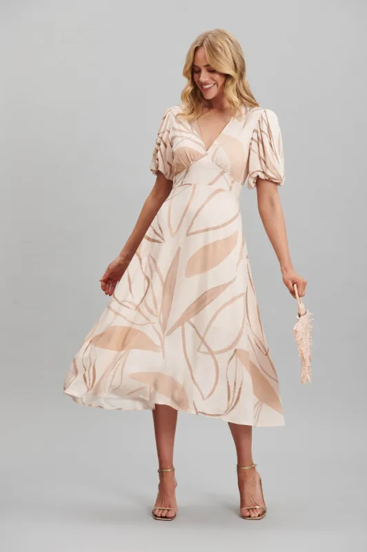 Zeta Midi Dress In Beige Leaf Print Linen Blend sold by St Frock
