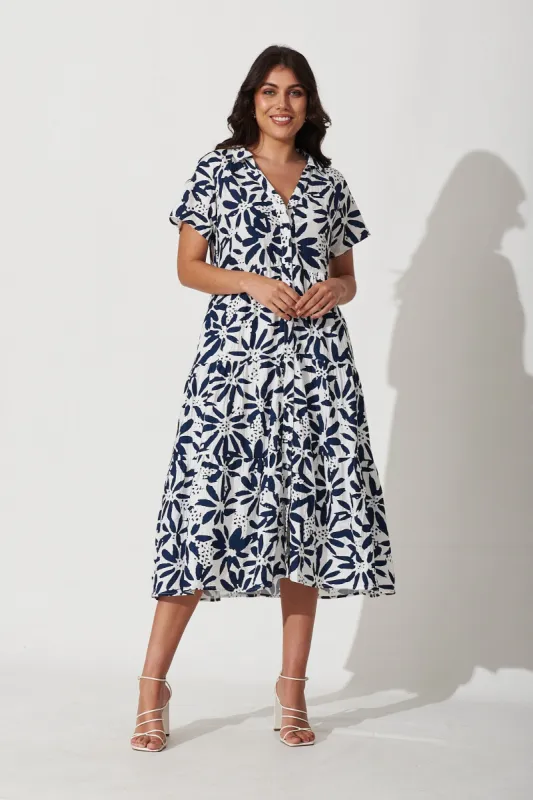 Mila Midi Shirt Dress In Navy With White Floral Cotton Blend sold by St Frock