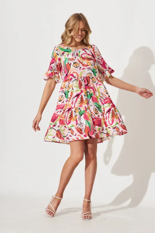 Kendra Smock Dress In Pink With Multi Abstract Floral sold by St Frock