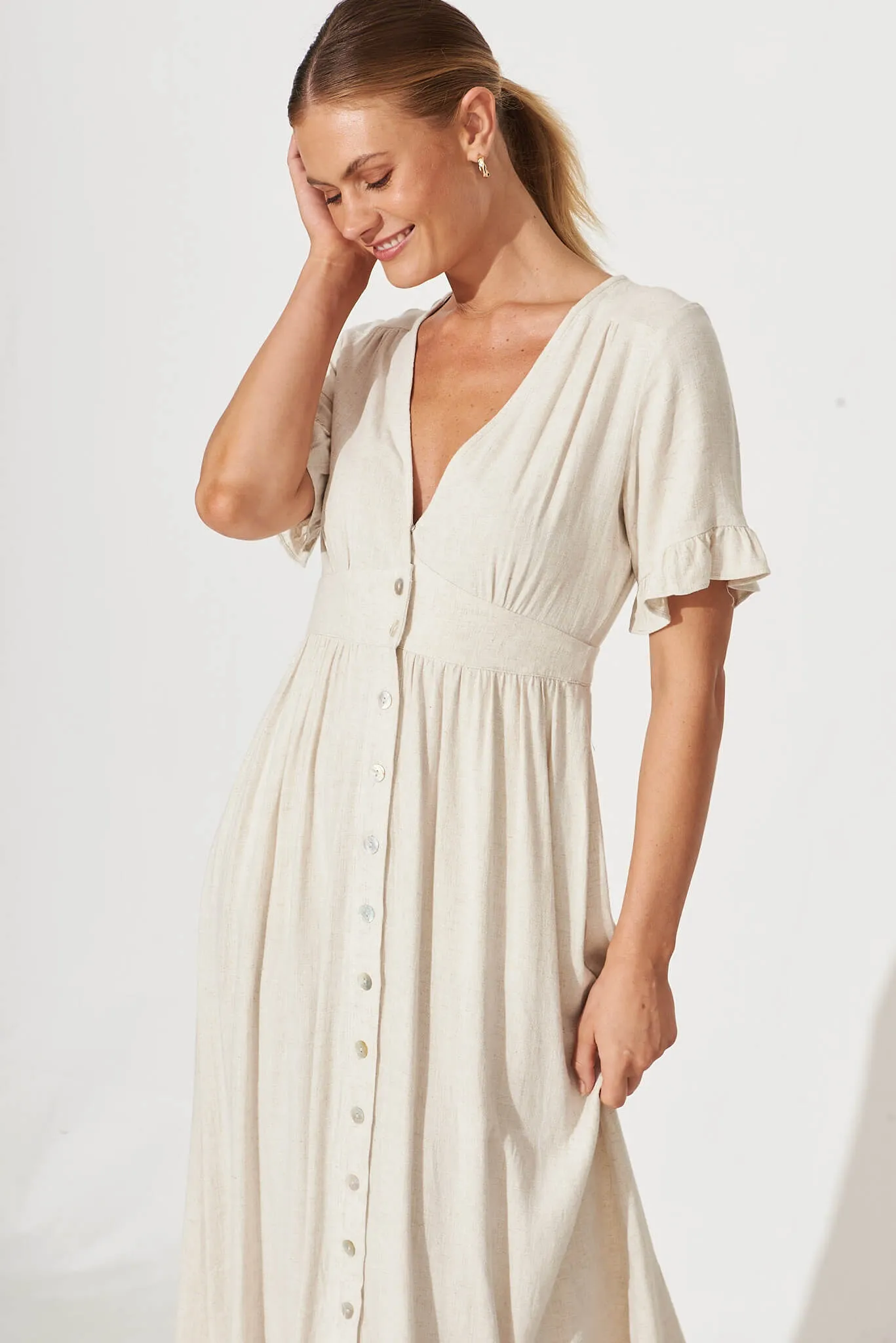 Aire Midi Dress In Oatmeal Linen sold by St Frock product image thumbnail 2