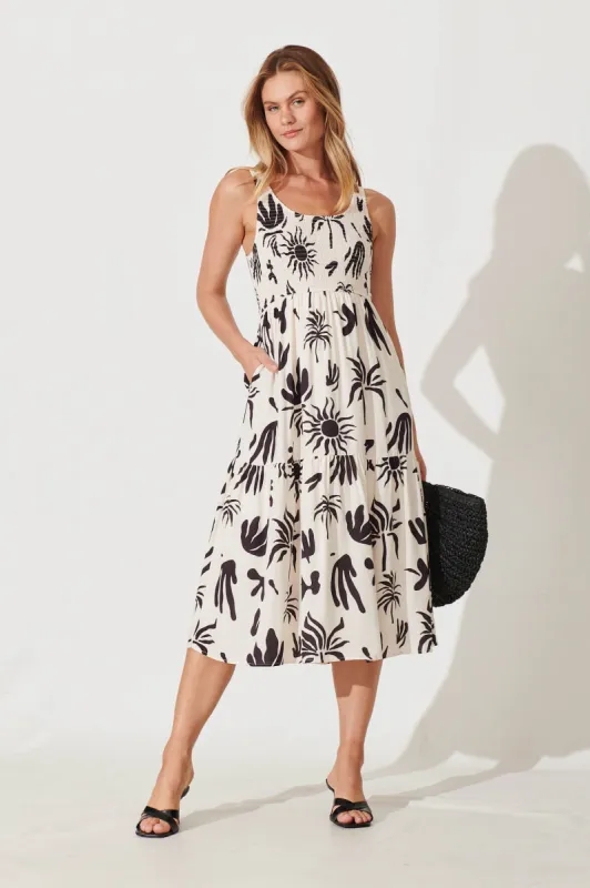 Caribbean Midi Dress In Cream With Black Print Linen Blend sold by St Frock