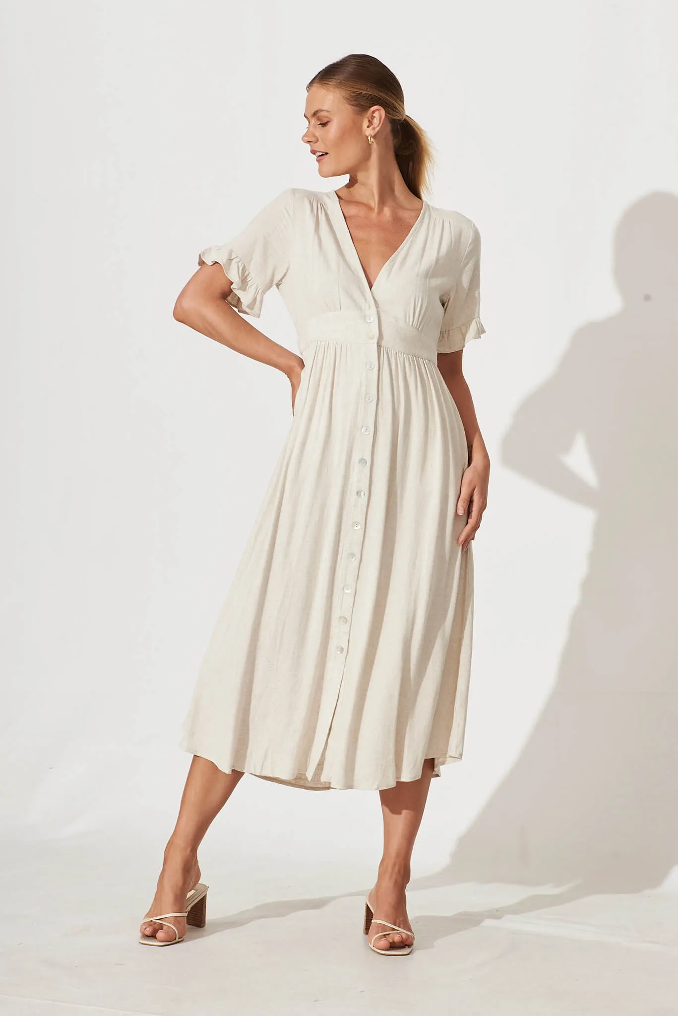 Aire Midi Dress In Oatmeal Linen sold by St Frock
