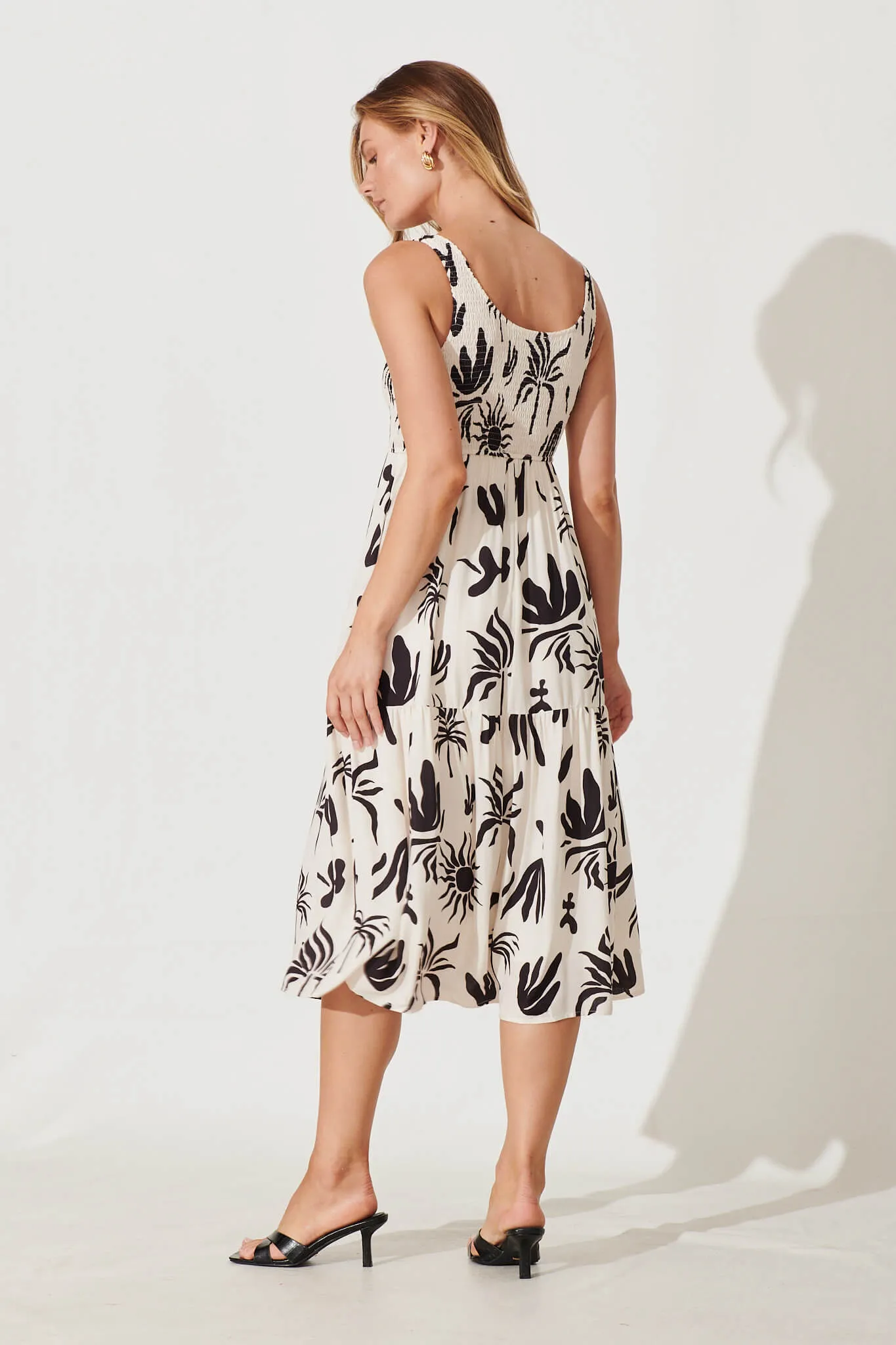 Caribbean Midi Dress In Cream With Black Print Linen Blend sold by St Frock product image thumbnail 4