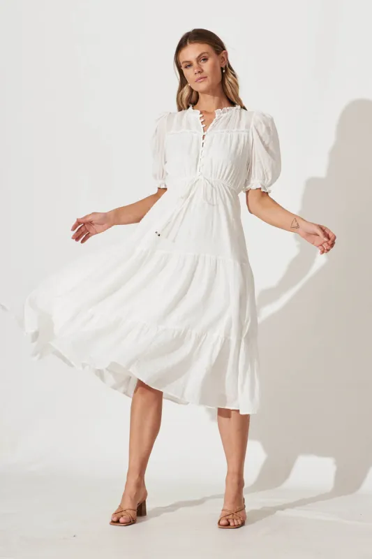 Sorena Midi Dress In White Cotton Swiss Dot sold by St Frock