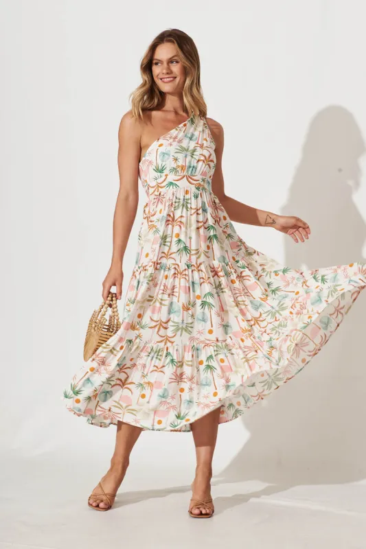 Destination One Shoulder Midi Dress In Multi Palm Print sold by St Frock