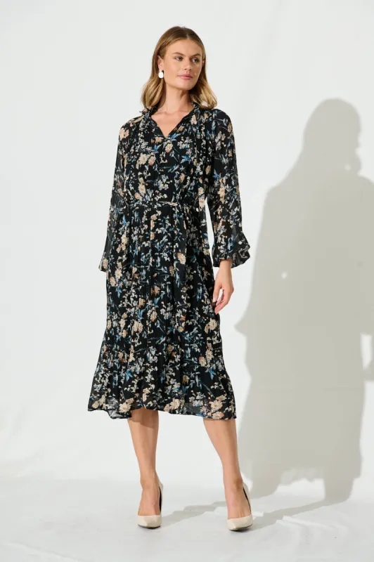 Honolulu Midi Dress In Black Multi Floral Pleated Chiffon sold by St Frock