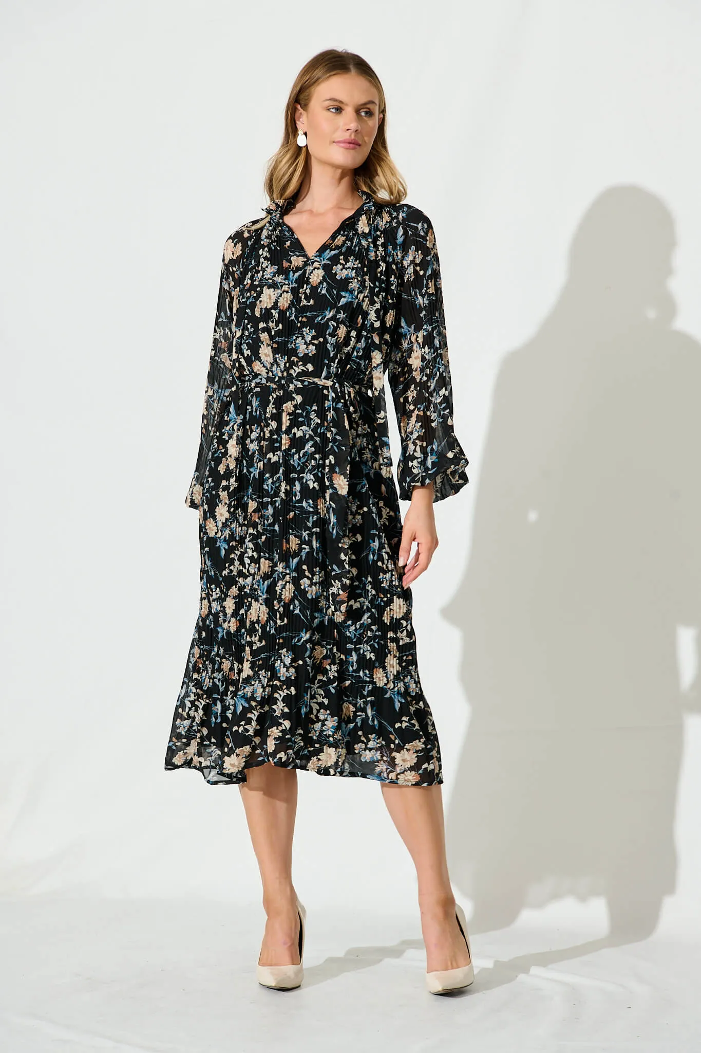 Honolulu Midi Dress In Black Multi Floral Pleated Chiffon sold by St Frock