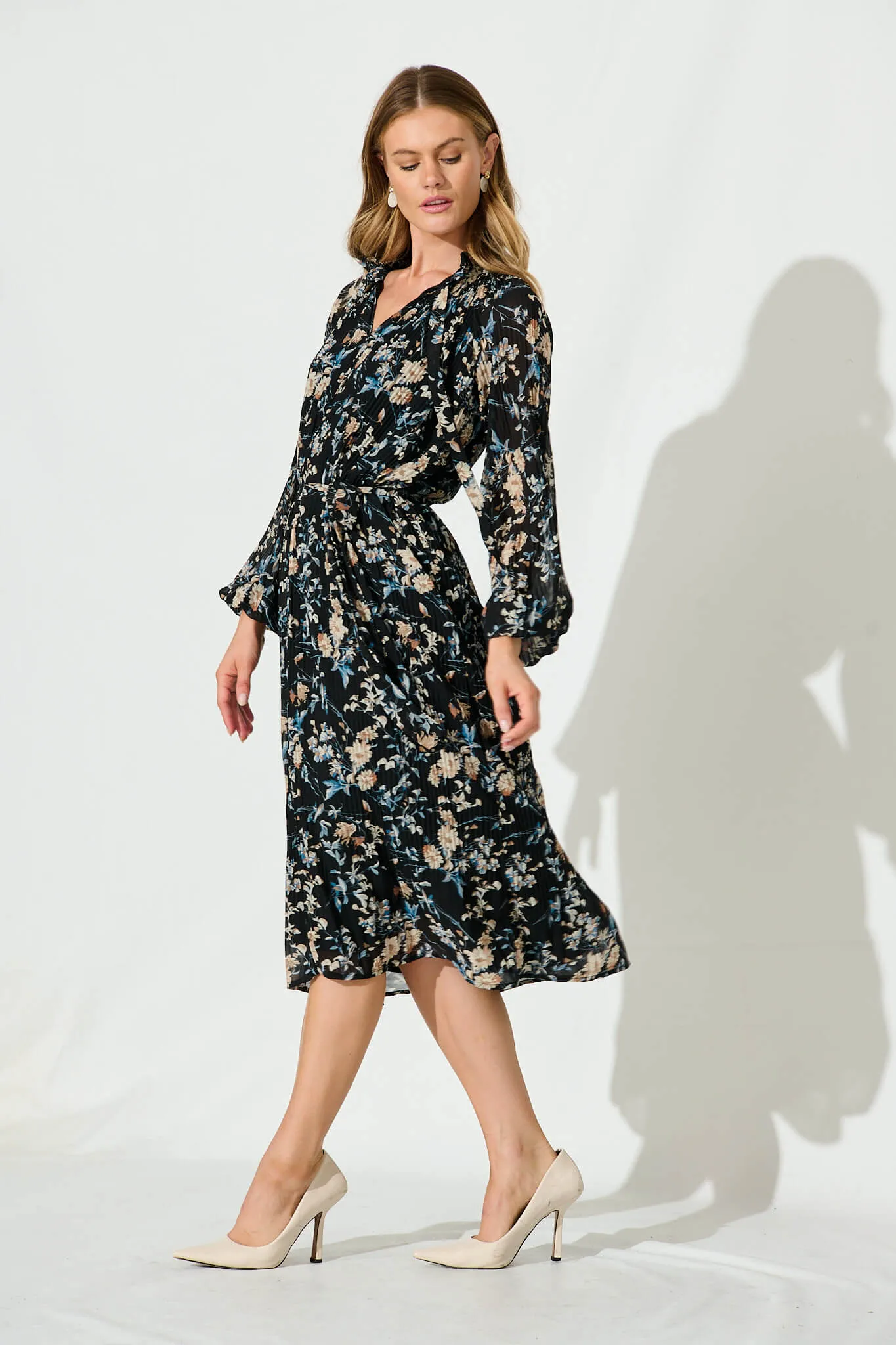 Honolulu Midi Dress In Black Multi Floral Pleated Chiffon sold by St Frock product image thumbnail 3