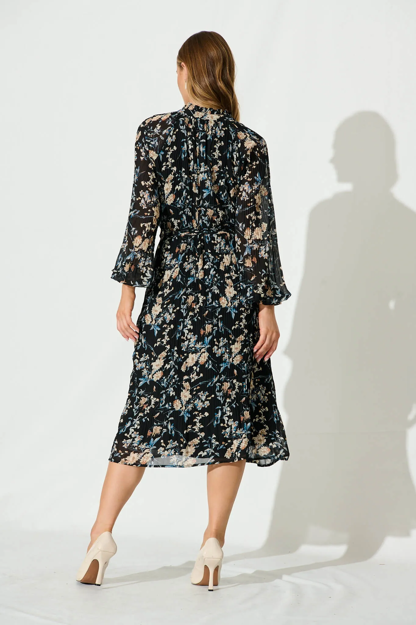 Honolulu Midi Dress In Black Multi Floral Pleated Chiffon sold by St Frock product image thumbnail 4