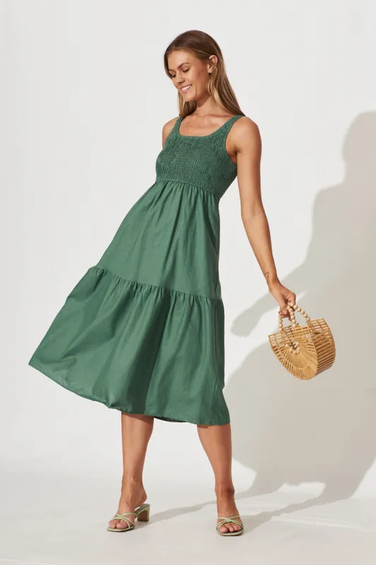 Caribbean Midi Dress In Green Cotton Linen sold by St Frock