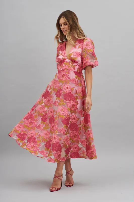 Opulence Midi Dress In Pink Floral Organza Burnout sold by St Frock
