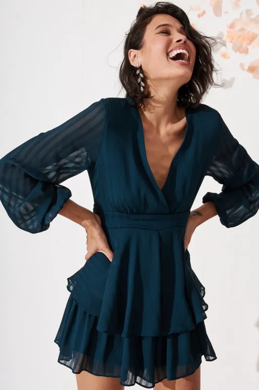 Florin Frill Hem Playsuit In Emerald Chiffon sold by St Frock