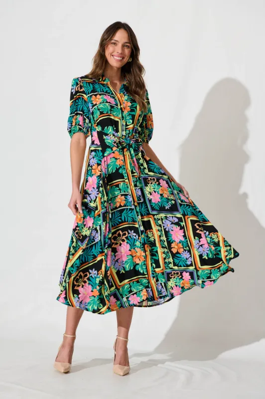 Bella Maxi Shirt Dress In Black Multi Print sold by St Frock