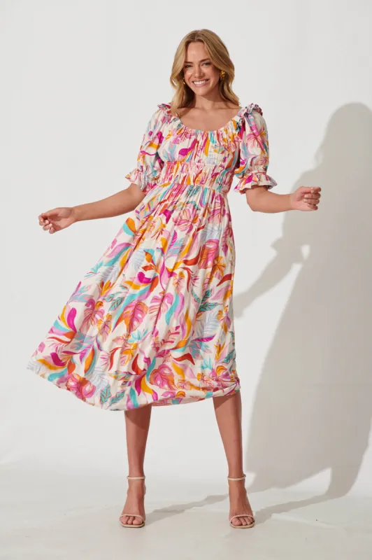 Truly Midi Dress In Bright Multi Leaf Print sold by St Frock