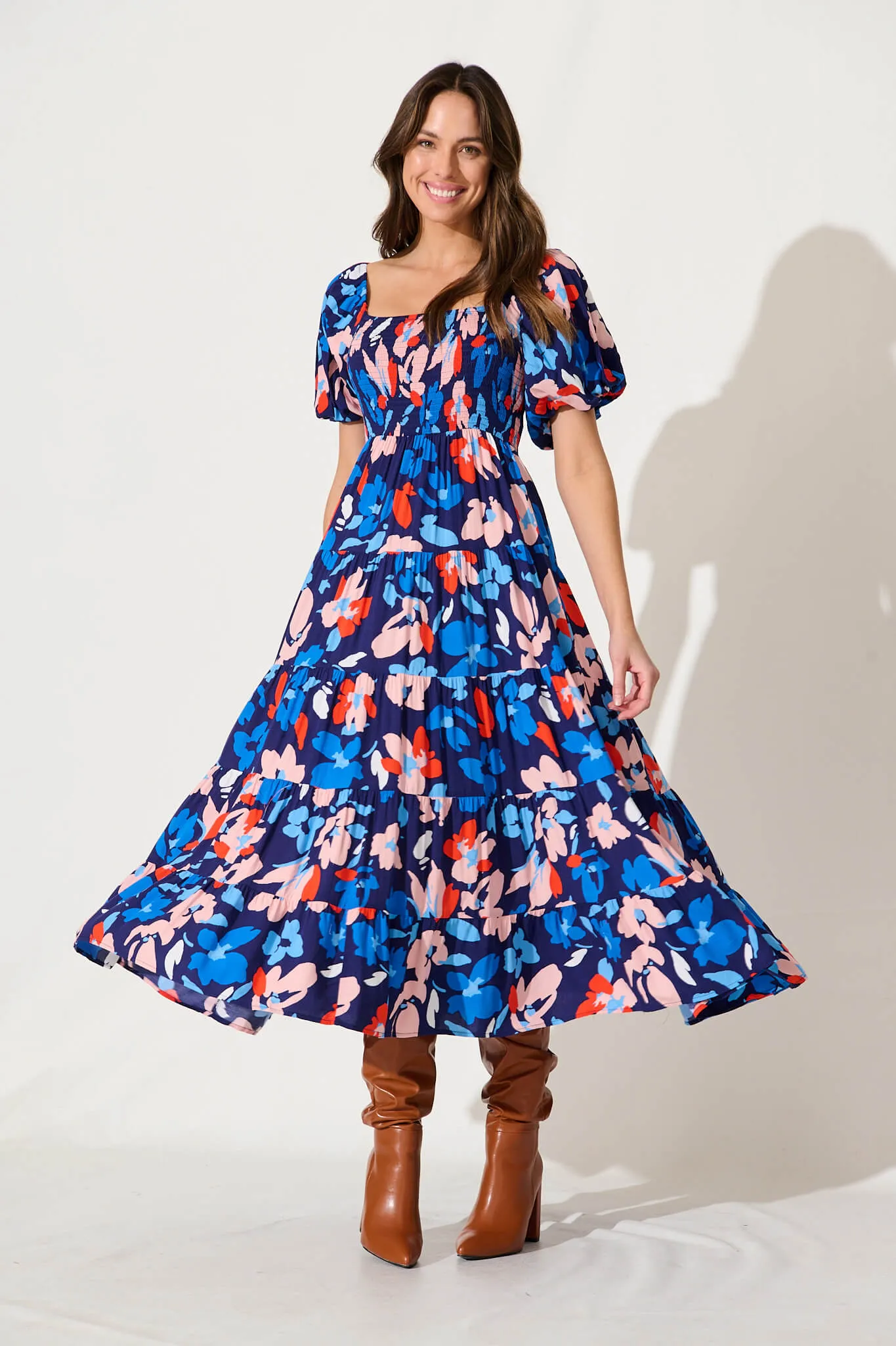 Lucy Maxi Dress In Navy With Pink Floral sold by St Frock