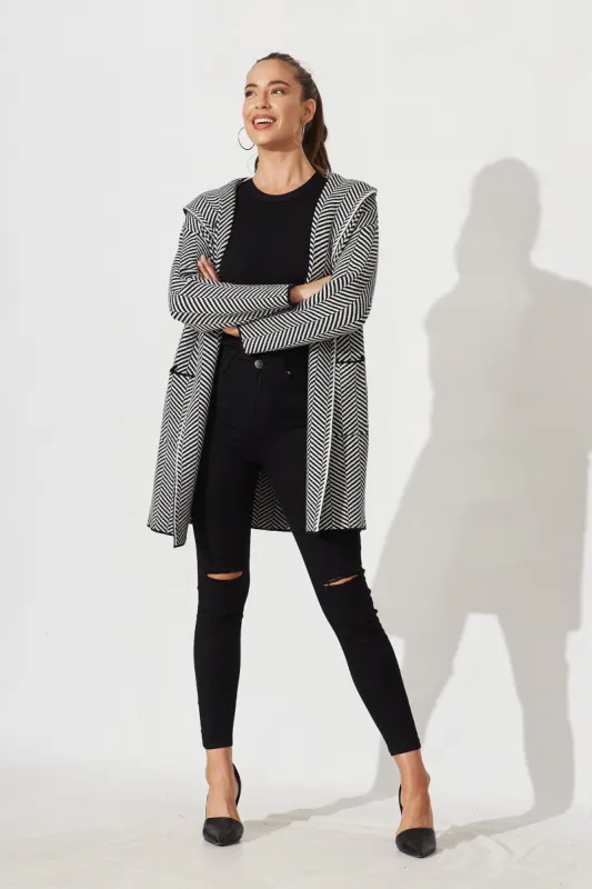 Jora Knit Hood Cardigan In Black With Herringbone Wool Blend sold by St Frock