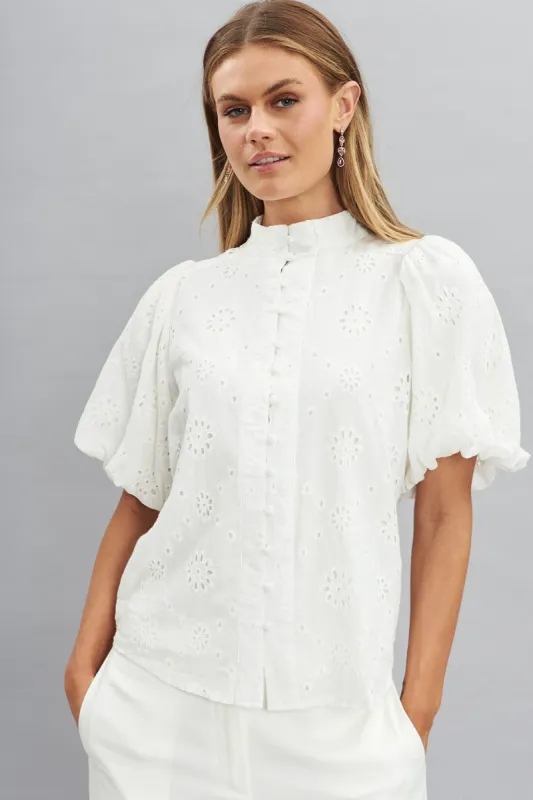 Prudence Shirt In White Cotton Broderie sold by St Frock