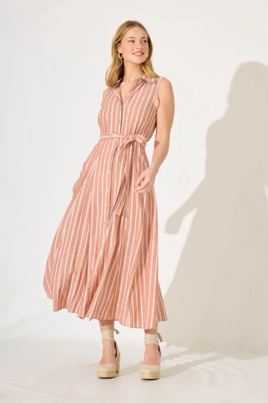 Calla Maxi Shirt Dress In Rust With White Stripe Cotton sold by St Frock
