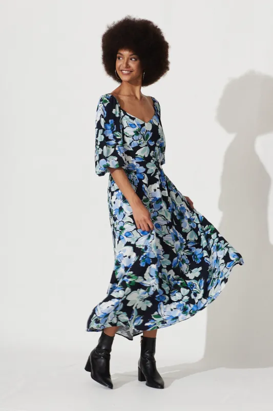 Marley Maxi Dress In Black With Multi Blue Floral Print sold by St Frock