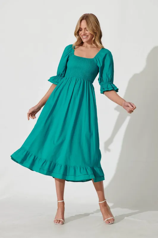 Ever Midi Dress In Teal Cotton Linen sold by St Frock