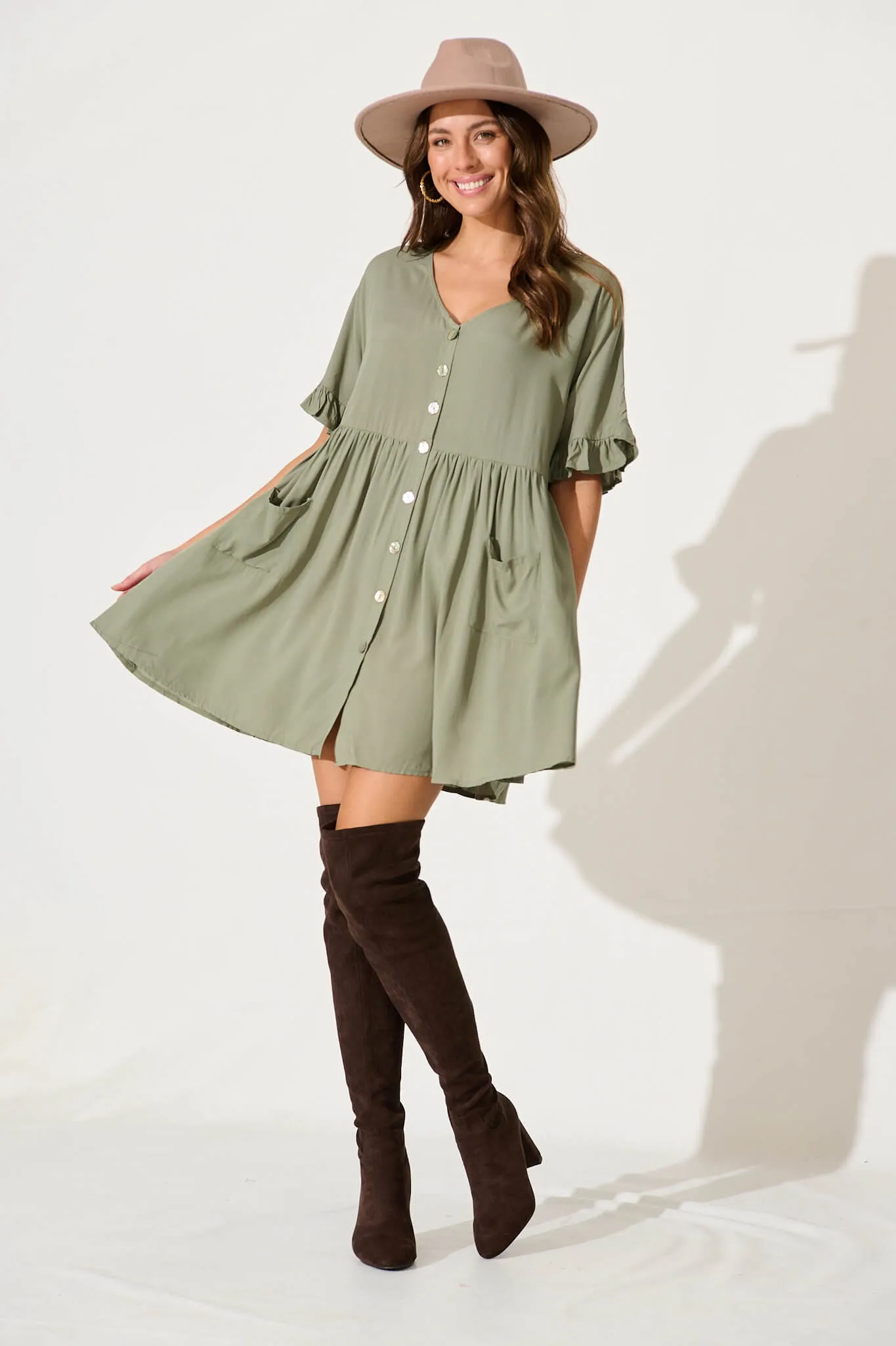 Maybank Smock Dress In Khaki sold by St Frock