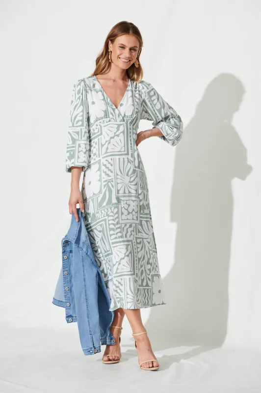 Meadow Maxi Dress In White With Sage Abstract Linen Blend sold by St Frock