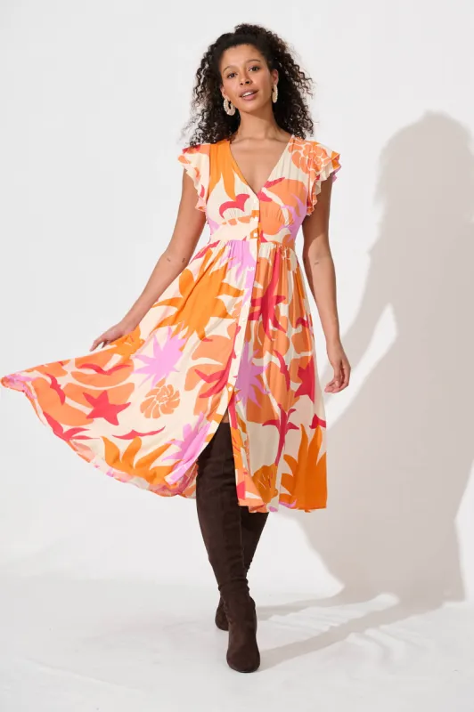 Daffodil Midi Dress In Tangerine Multi Floral sold by St Frock
