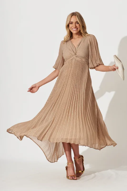 Moritz Maxi Dress In Beige With Brown Retro Print sold by St Frock