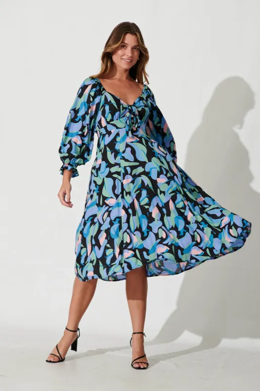 Darl Midi Dress In Black With Multi Print sold by St Frock