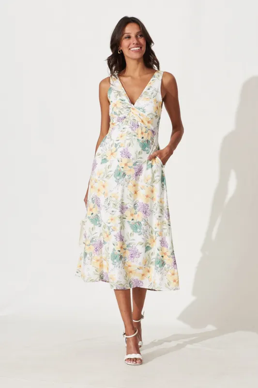 Tropicana Midi Dress In White With Multi Floral Print sold by St Frock