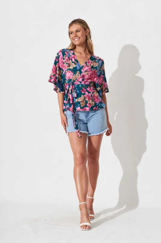 Brynlee Wrap Top In Teal With Pink Floral sold by St Frock