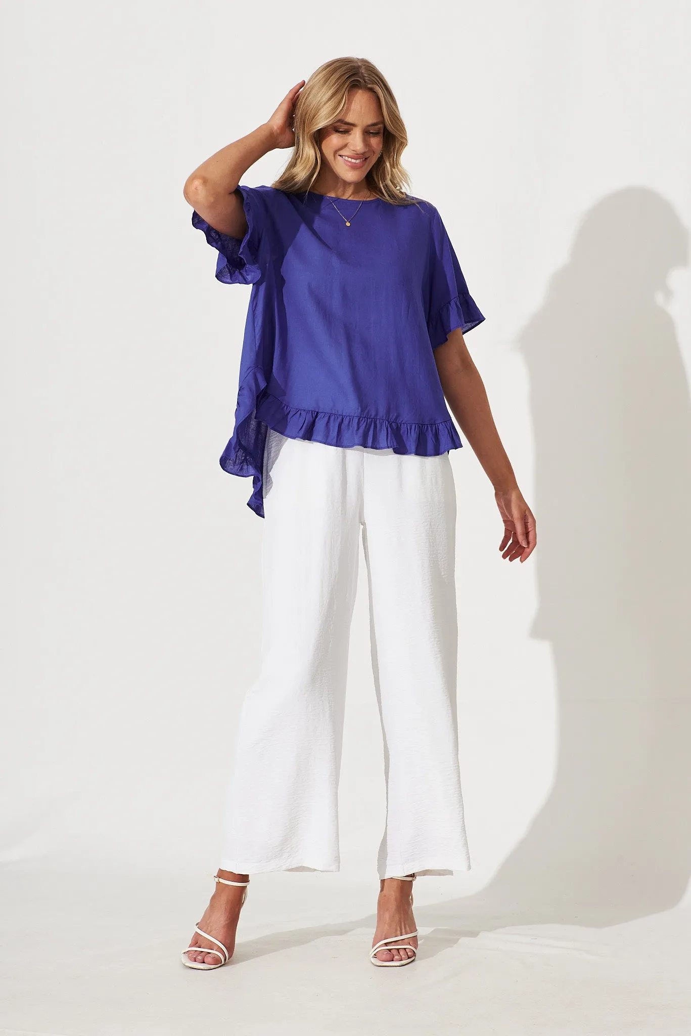 Carmeline Smock Top In Blue Linen Blend sold by St Frock