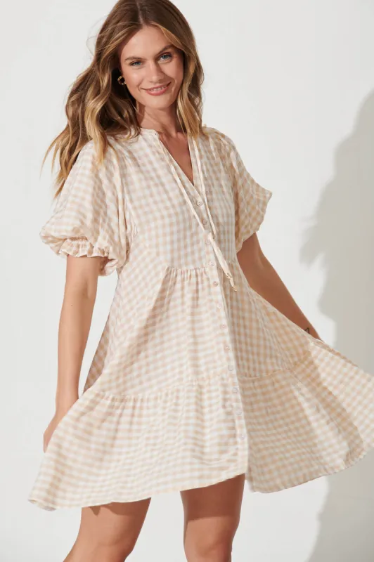 Santanna Smock Dress In Beige And White Gingham Cotton Blend sold by St Frock