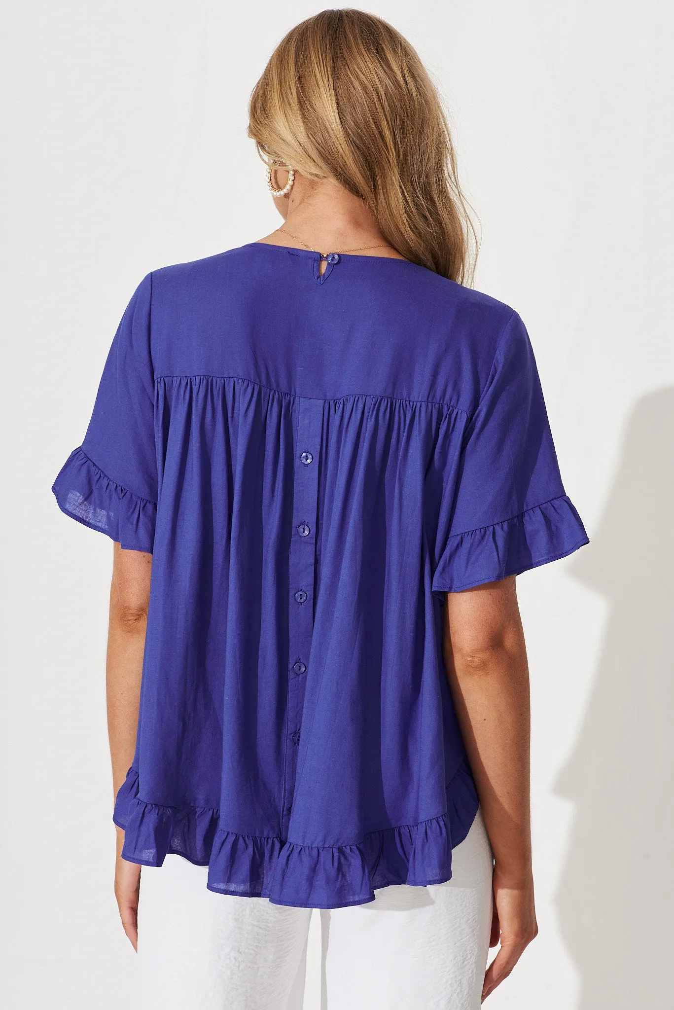 Carmeline Smock Top In Blue Linen Blend sold by St Frock product image thumbnail 5