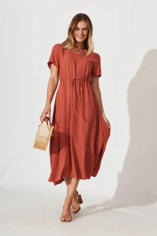 Mary Midi Dress In Rust Linen Blend sold by St Frock