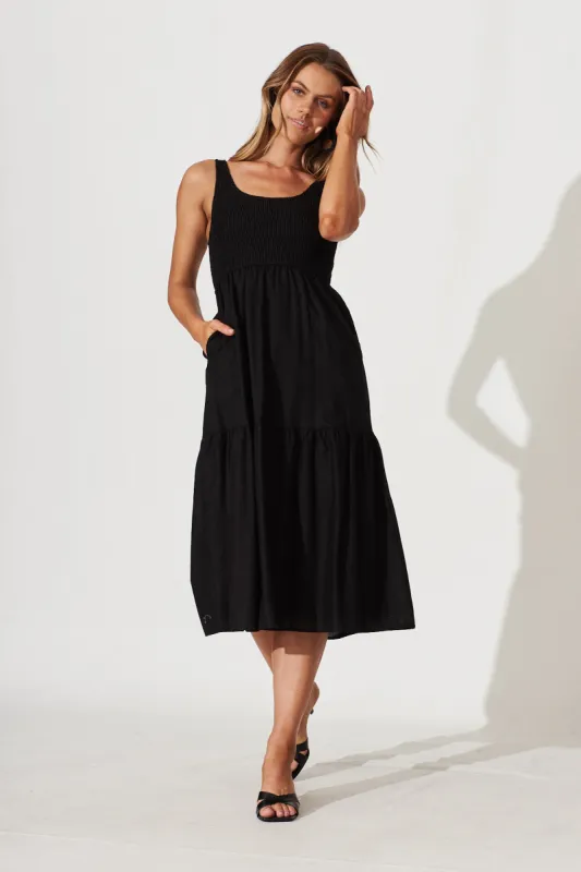 Caribbean Midi Dress In Black Cotton Linen sold by St Frock