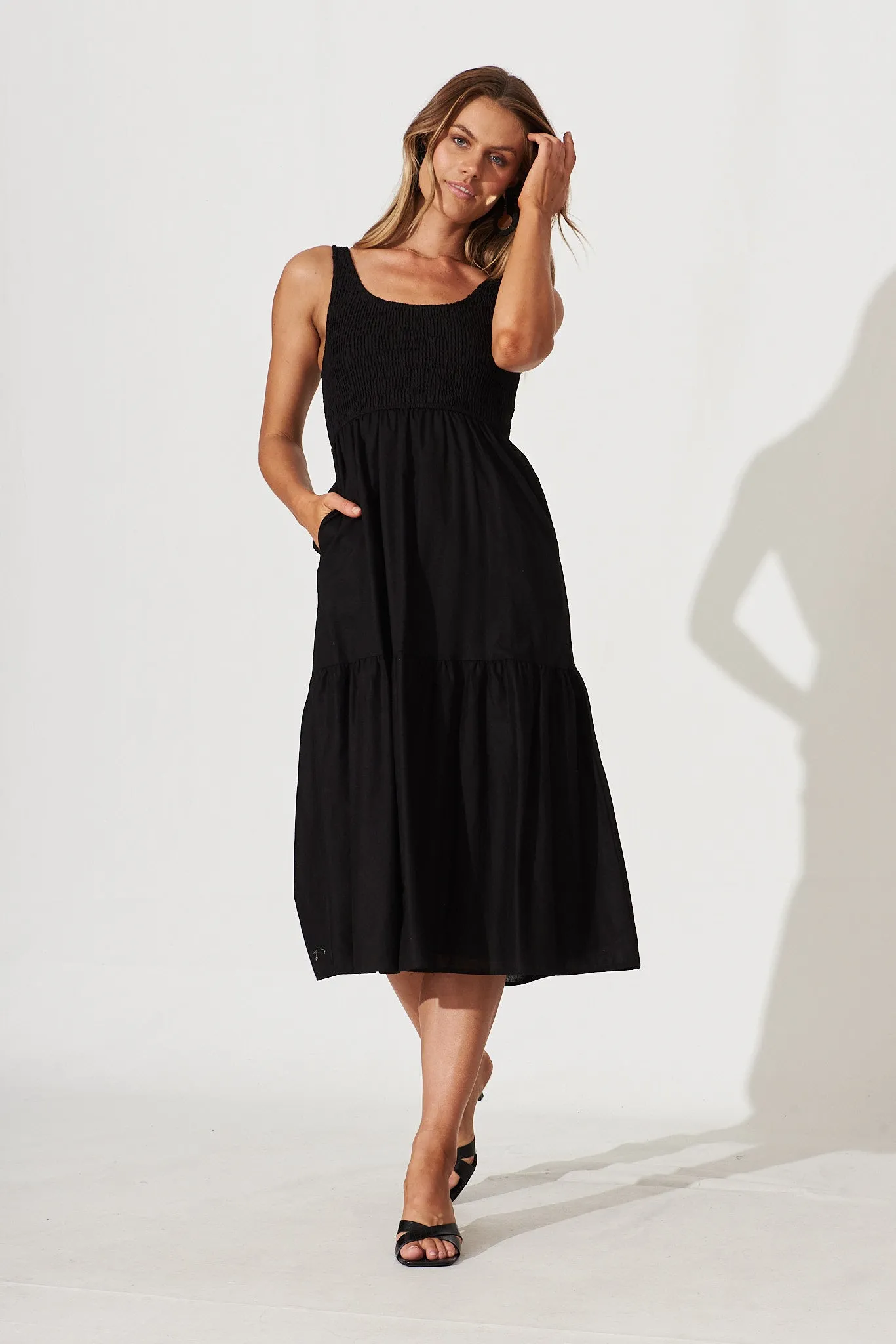 Caribbean Midi Dress In Black Cotton Linen sold by St Frock