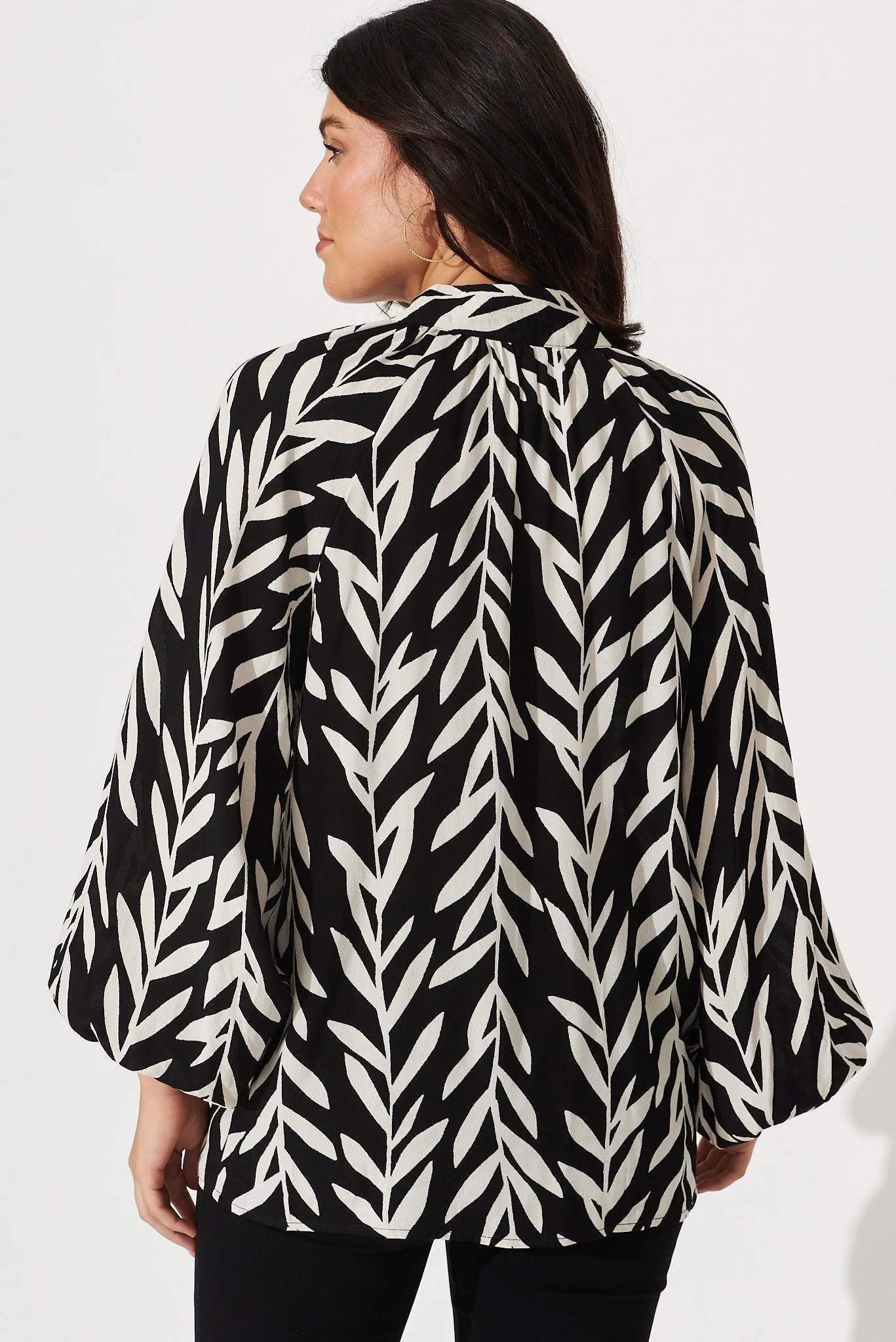 Aaliyah Shirt In Black With White Leaf Print sold by St Frock product image thumbnail 4