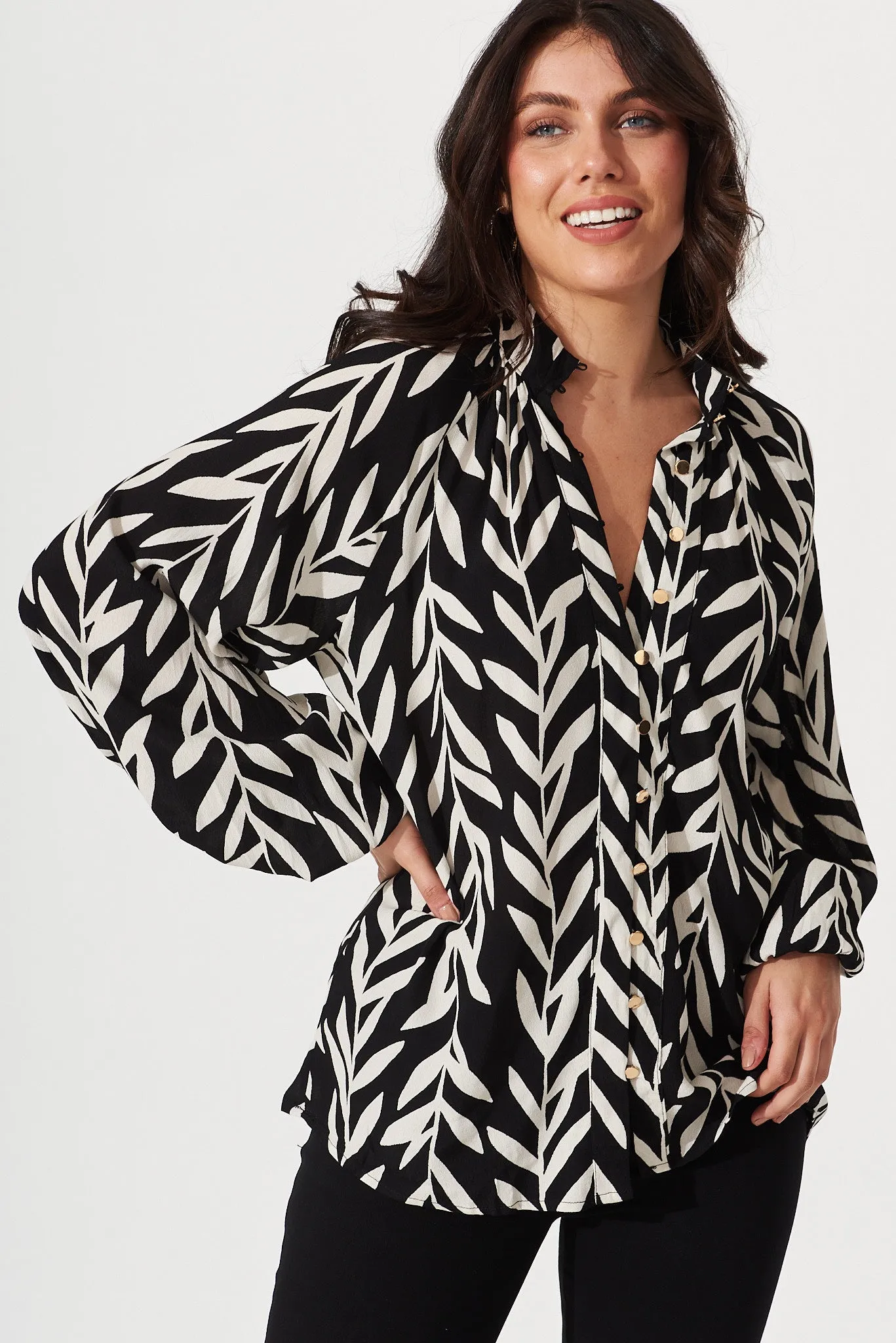 Aaliyah Shirt In Black With White Leaf Print sold by St Frock product image thumbnail 2