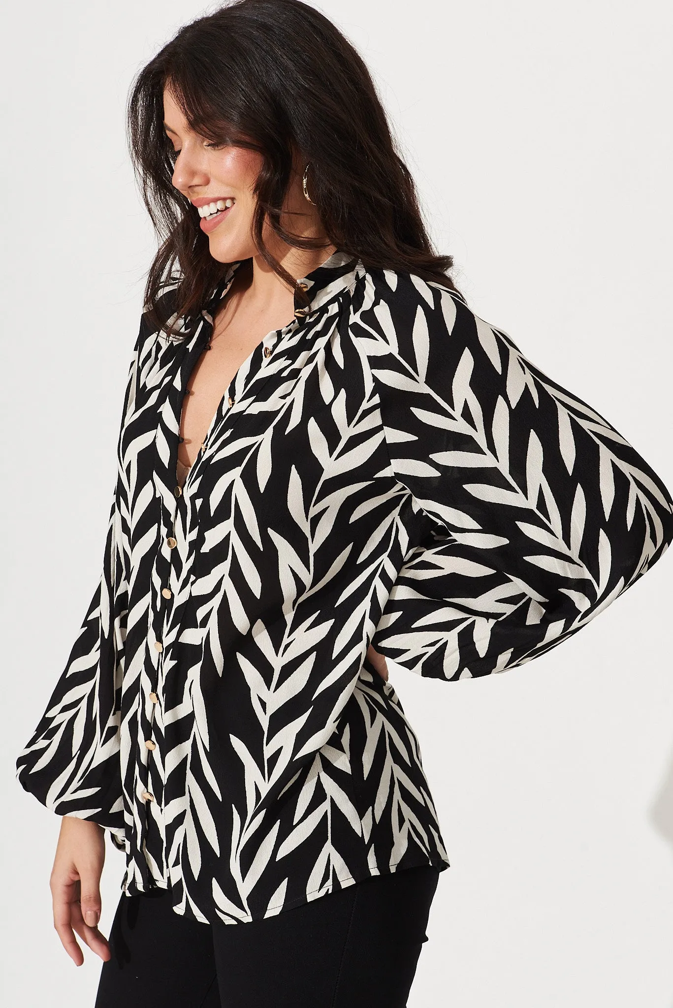 Aaliyah Shirt In Black With White Leaf Print sold by St Frock product image thumbnail 3