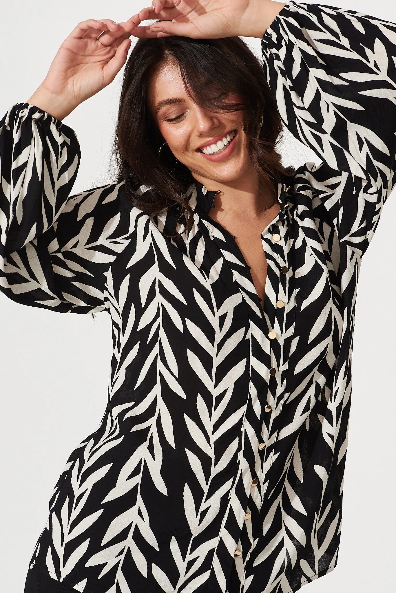 Aaliyah Shirt In Black With White Leaf Print sold by St Frock product image thumbnail 5