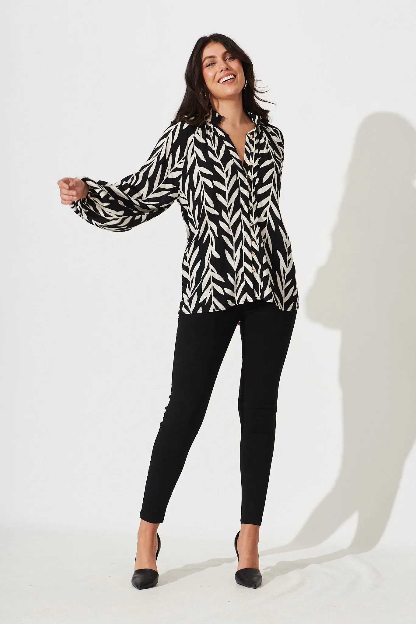 Aaliyah Shirt In Black With White Leaf Print sold by St Frock