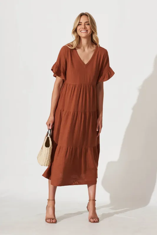Kristen Midi Dress In Tan Linen Blend sold by St Frock