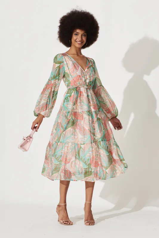 Aphrodite Midi Dress In Green With Pink Tropical Print Cotton Blend sold by St Frock